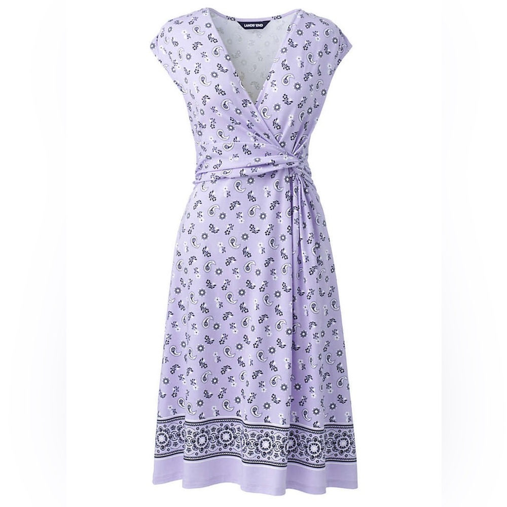 Lands’ End Purple Paisley Fit and Flare Cap Sleeve Faux Wrap V-Neck Dress Size S